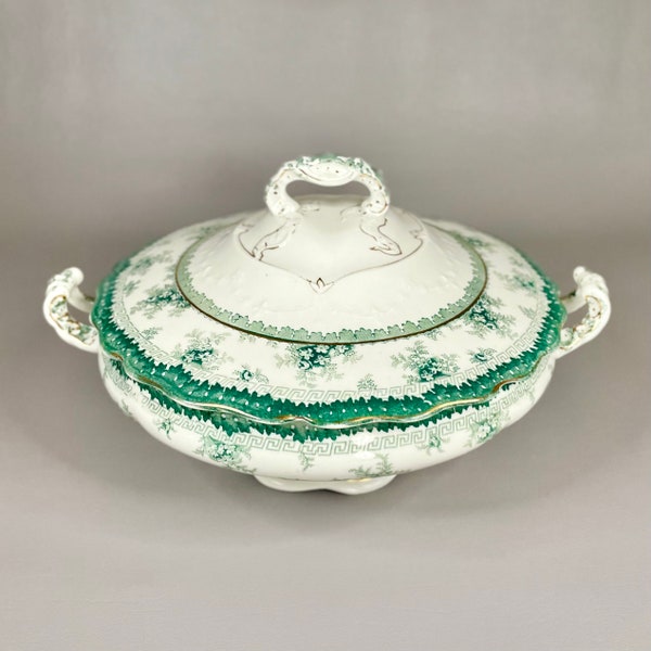 Vintage John Maddock & Sons Royal Vitreous England Casserole, Deep Green Floral Pattern Marked Serving Dish and Lid, Gift for Collectors.