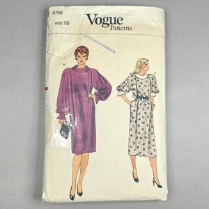Vintage 1980s Vogue # 8798 Sewing Cut Pattern, Size 16, Women’s Misses Loose-fitting Straight Raglan Dress with Band Collar, 1980s Style.