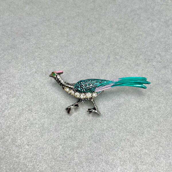 Vintage Pheasant Bird Pin, Silver Tone Green Pink Enamel Clear rhinestones Small Figurine Lapel Scarf Pin, Estate Jewelry, Gift for Friend.