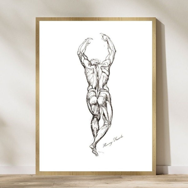 Antique Back View Muscle Body Sketch Digital Download Print, Pencil Drawing Wall Art, AI Restored JPG File 300 dpi, 1800s Artist Signed.
