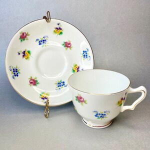 Vintage Crown Staffordshire Tea Cup and Saucer Set, Bone China Pink Blue Yellow Flowers TeaCup and Saucer, England Collectors gift Idea.