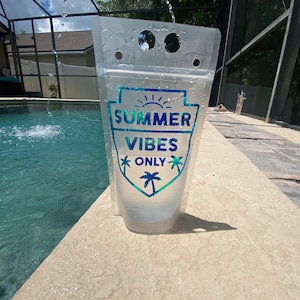 May include: A clear plastic pouch with a blue and green iridescent sticker that says "SUMMER VIBES ONLY" with a sun and palm trees. The pouch is sitting on a light brown surface.