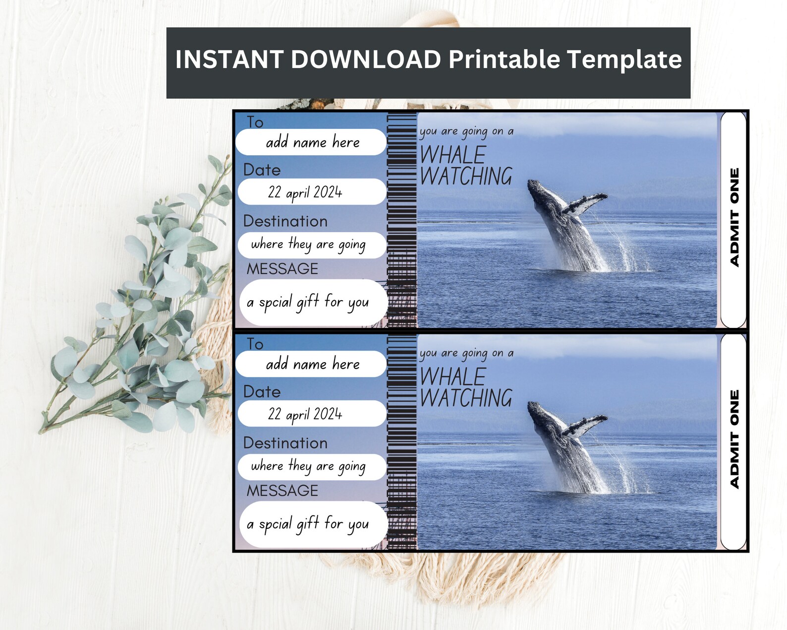 Whale Watching Reveal Ticket Template, Surprise Trip Reveal Ticket ...