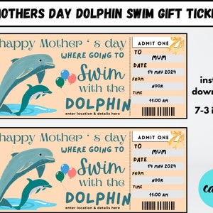 Mothers Day Dolphin Swim Gift Ticket Template, Mothers Day Gift, Happy Birthday Gift, Surprise Voucher, Custom Ticket,Swim With The Dolphins