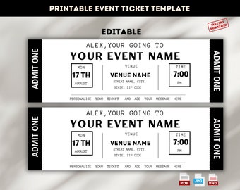 Editable Event Ticket Template, Printable Ticket Template, Birthday Event Ticket, Invitation Ticket Template, Gift Ticket, Instant Download