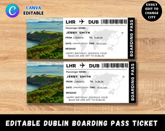 Editable Dublin Boarding Pass Template, Ireland Trip Surprise Gift Ticket, You&#39;re Going To Dublin, Printable Ticket, Flight Ticket Template