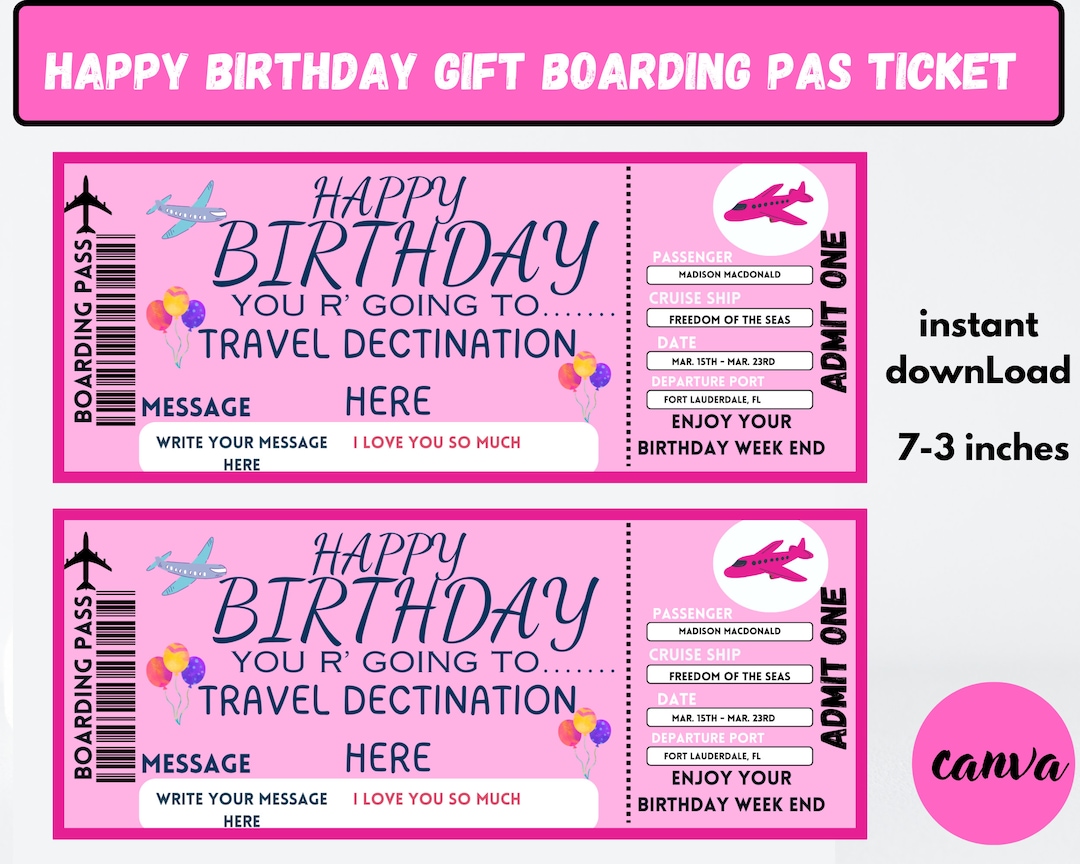 Happy Birthday Gift Boarding Pass Ticket Template, Editable Surprise ...