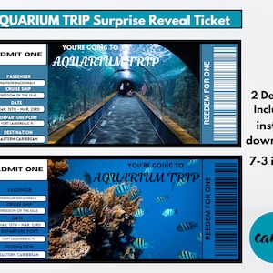 Modèle de billet surprise pour aquarium, billets-cadeaux modifiables pour aquarium, faux billet surprise pour aquarium, billet-cadeau expérience, révélation de voyage surprise