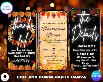 May include: Thanksgiving dinner invitation template displayed on three smartphones. The design features fall leaves, pumpkins, and the words "thankful" and "the details" in a glowing font. Includes date, time, location, and RSVP information.