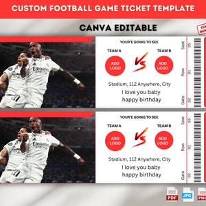 Anpassad fotbollsbiljettmall: Canva-redigerbar, utskrivbar present (direktnedladdning)