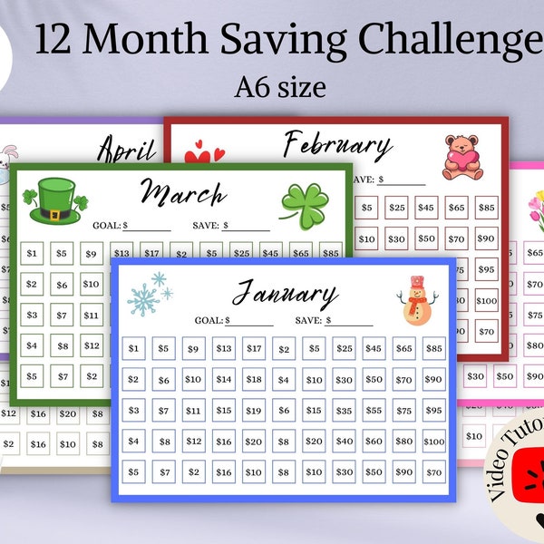 12 month savings challenge printable, A6 savings challenge bundle, Mini Savings challenge printable, a6 cash envelopes