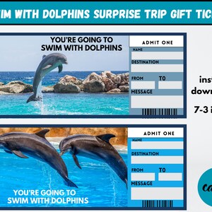 Swim With Dolphins Surprise Trip Tickets, Vacation Ticket, Swimming Ticket,Swim With Dolphins Voucher,Printable Gift Coupon, Ticket Template
