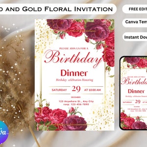 Bearbeitbare rote und goldene Blumeneinladung, Geburtstagseinladungen für Frauen, Überraschungsgeburtstag, druckbare oder digitale Einladung, sofortiger Download