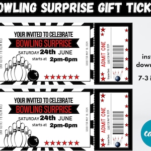 Bowling Surprise Gift Ticket Template: Printable Birthday Voucher (Instant Download)
