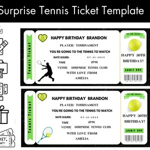 Tennis Ticket Template, Tennis Game Ticket, Birthday Tennis Ticket, Surprise Tennis Tournament Gift Ticket,  Printable Tennis Ticket
