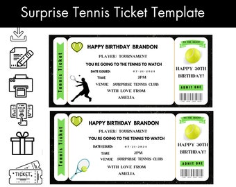 Tennis Ticket Template, Tennis Game Ticket, Birthday Tennis Ticket, Surprise Tennis Tournament Gift Ticket,  Printable Tennis Ticket