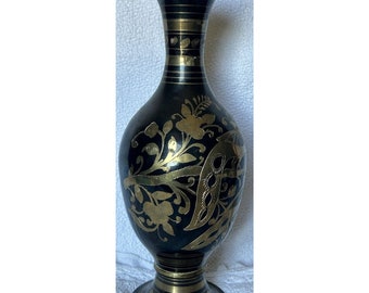 Brass Vase Made In India Hand Etched Peacocks On Branches Flowers Black Gold VTG