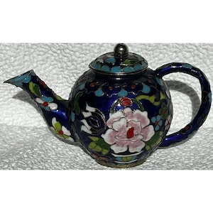 Miniature Tea Pot Brass Cloisonné Bright Multicolored Flowers Blue Inside EUC