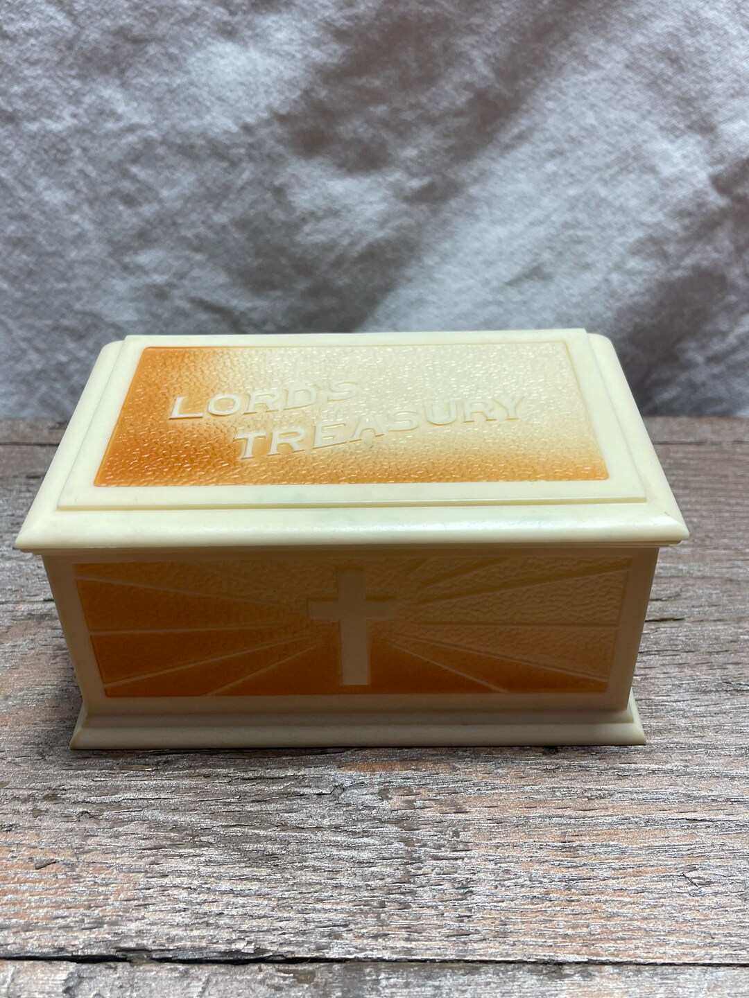 Vintage LORDS TREASURY 1950s Collectible Box W Cross and IHS Motif.a