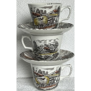 Vintage Yorkshire Straffordshire England Set 3 Cups & 2 Saucers Rustic Scene