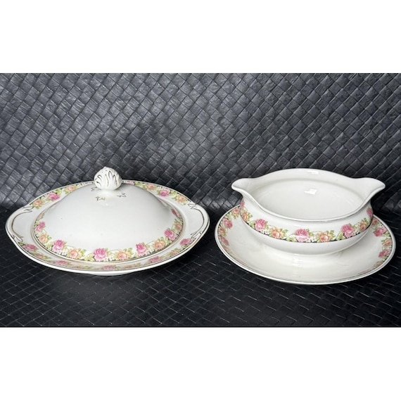 Antique Johnson Bros England Gravy Boat and Cheese Butter Dish