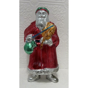Vintage Hard Plastic Metallic SANTA CLAUS Blow Mold Santa Playing Violin Rare