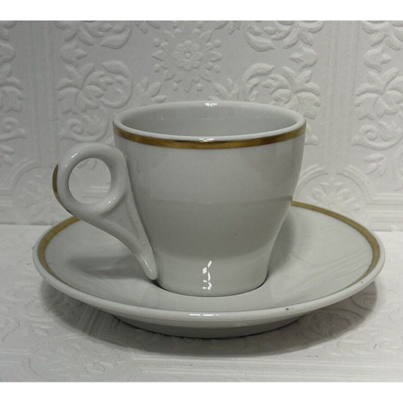 Vintage Mayer Porzellan Expresso Tasse mit Untertasse: Weißes Porzellan mit Goldrand