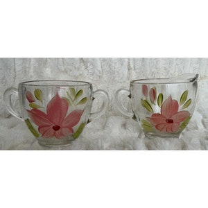 Bartlett Collins Crème & Sucre Set Fleurs peintes à la main sur verre clair vintage