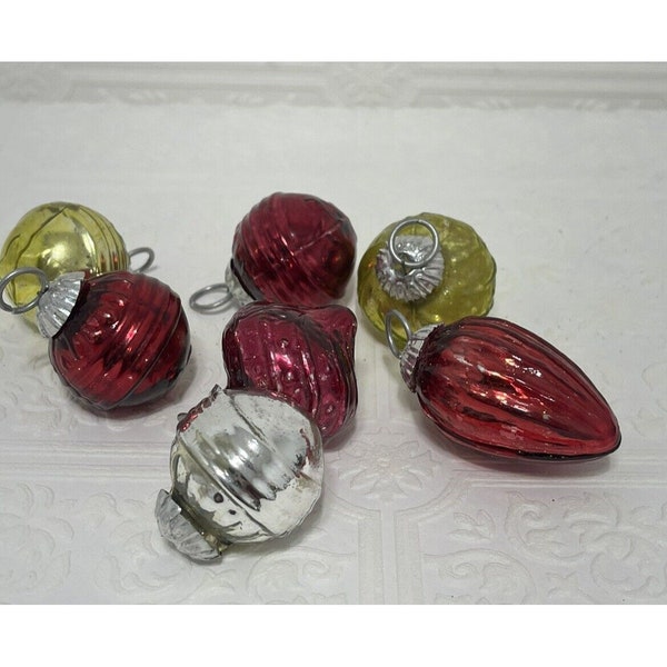 Kugel Style Red/Silver Mini Glass Christmas Ornaments Lot Of 7 Piece Vintage