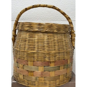 Sewing Knitting Crochet Rattan Craft Basket Storage Vintage Decor Pink Green Hue