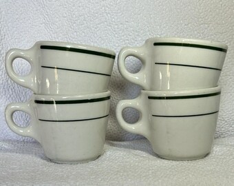 Vintage Allegeney Buffalo China Coffee Cups: Green Stripe Restaurant style Set of 4