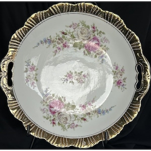 Vintage Elegant Heavily Gilded Serving Plate w/pink & Yellow Roses Excellent