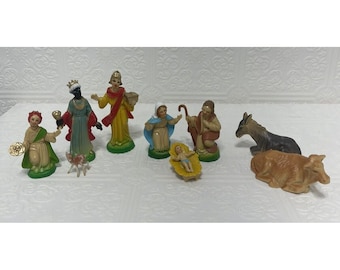 9 pc vintage nativity scene made in Hong Kong.  Lightweight durable plastic. Vibrant colors.