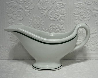 Carr China Co Restaurant Ware White Green Band Stripe Trim Gravy Boat Vintage Hotel Train Airline ware