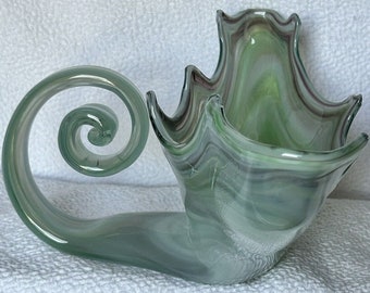 Murano blown Glass Art Bowl Ruffled Edges Swirls Of Light And Dark Greens