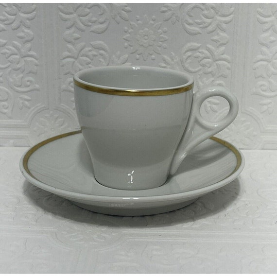 Vintage Mayer Porzellan Expresso Tasse mit Untertasse: Weißes Porzellan mit Goldrand