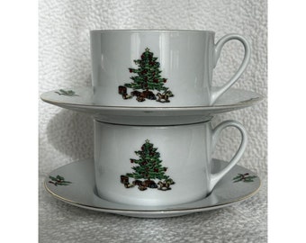 Meiwa Home For The Holidays Set Of 2 Cups & Saucers Christmas Tree Gifts EUC