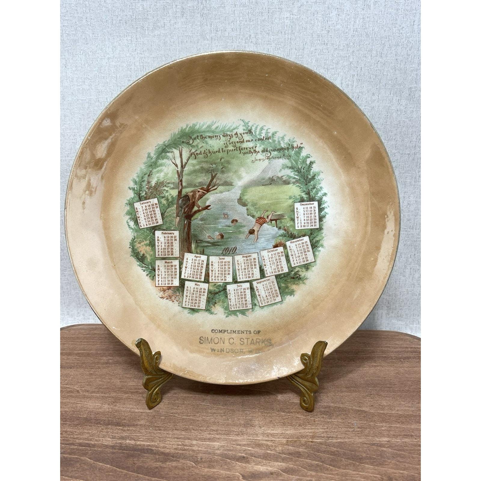 Calendar Plate Orange Lusterware WINDSOR WISCONSIN 1910 Simon C