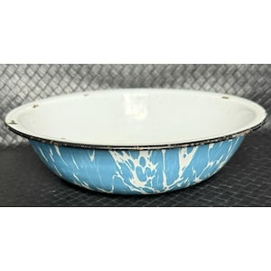 Antique Vintage Blue White Swirl Enamelware Spatterware Pan Bowl Basin 10 Inch