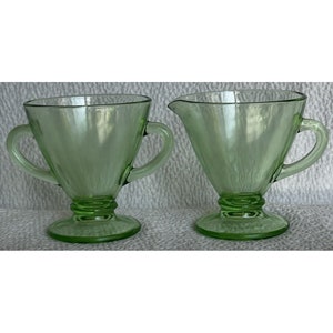 Vintage Green Uranium Glowing Depression Glass Creamer & Open Sugar Bowl Set