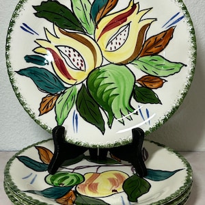 Peasant village potteries hand painted fruit motif made in Italy 1960s vintage set of 4 luncheon plates 8  1/4” condition is good but one pl