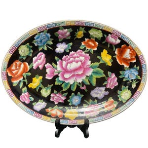 Vintage Fleur Famille Thousand Flowers decoratieve schotel 14 x 10 inch Prachtige zwarte achtergrond met rozen
