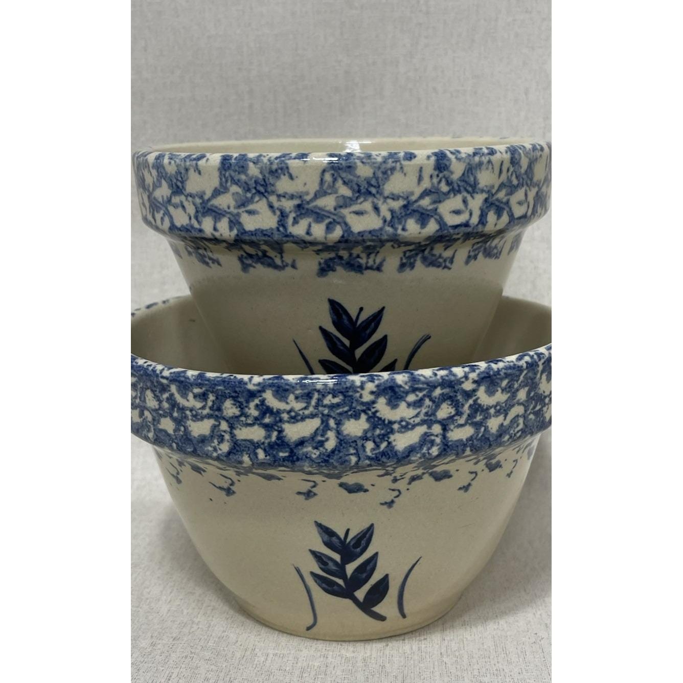 2 Ransbottom Roseville Pottery Wheat Blue Spongeware Nesting Bowls