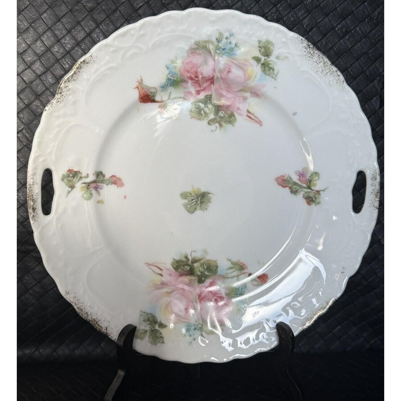 Antique Cake Plate Pink Roses & Rose Buds Scalloped Edge Embossed Grandmacore cottagecore estate find