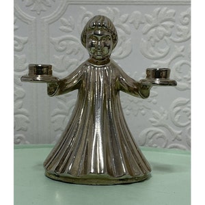 Pewter Candle Holder Made In Italy Choir Boy Girl Gown Robe Figurine 3.5 in VTG