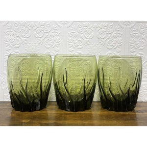 Vintage 3 Piece  MCM Drinking Glasses Anchor Hocking Central Park Green Swirl