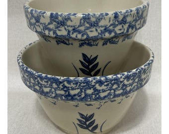 2 Ransbottom Roseville Pottery Wheat Blue Spongeware Nesting Bowls