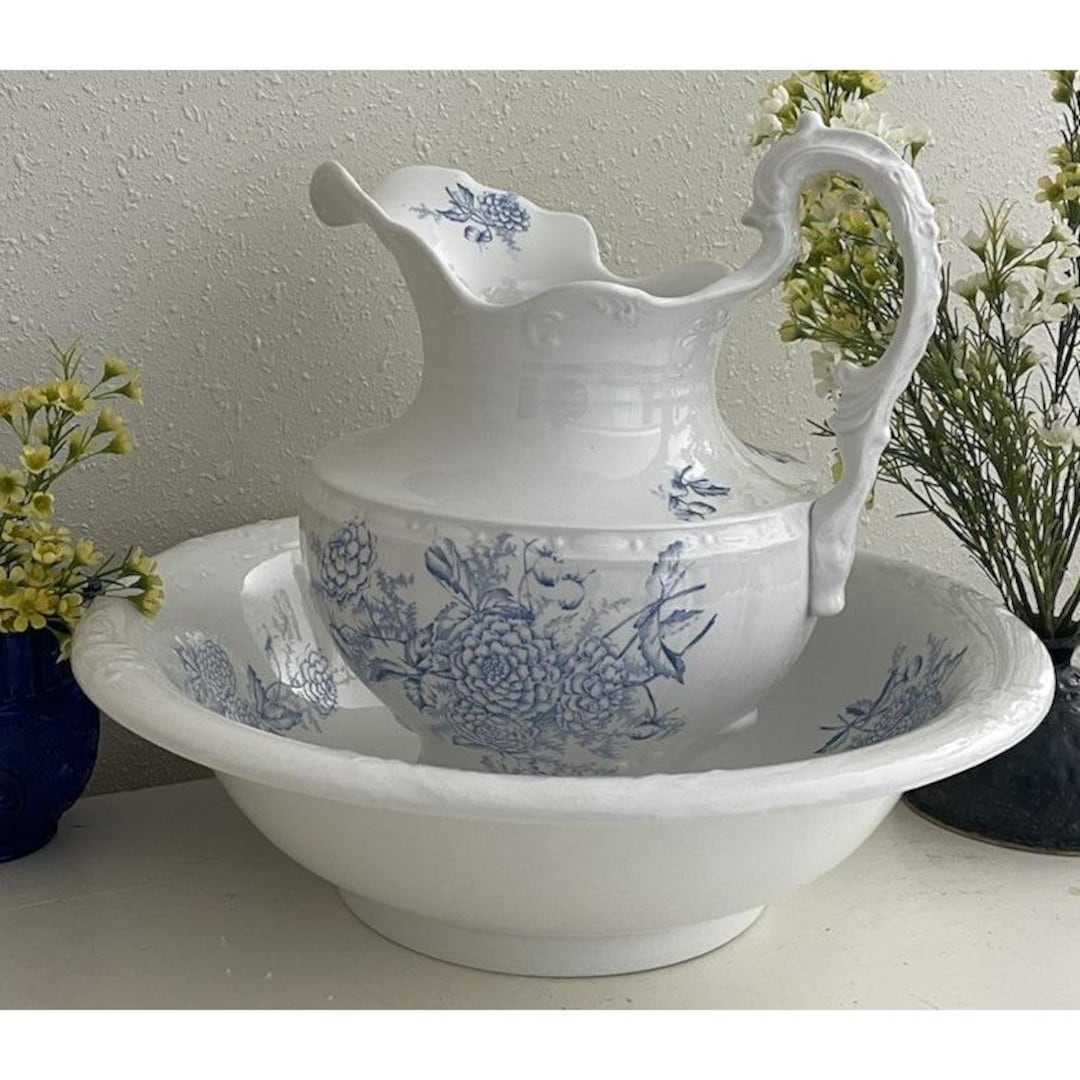 KERMIT N G Co Vintage Pitcher Basin White W Blue Transferware