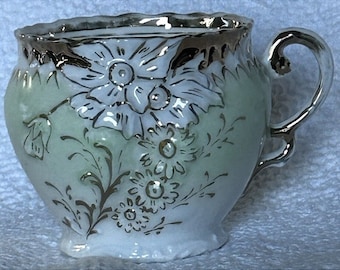Antique Eggshell Porcelain Tea Cup Scalloped Mint Green White Gilded Gorgeous