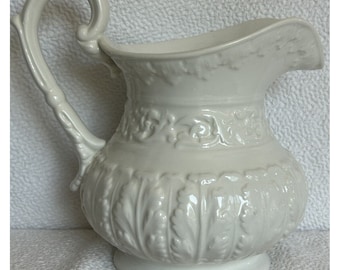 Italian Water Pitcher Beautiful Stylish White Squatty Pitcher Is 8 3/8”Hx7 1/2”W